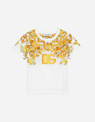 Dolce & Gabbana Jersey T-shirt with yellow majolica print and DG logo Print L23DI5FI5JW