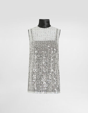 Dolce & Gabbana Top mit hohem Kragen aus Tüll mit Paillettenstickerei Silber F7AL2TFLSKB