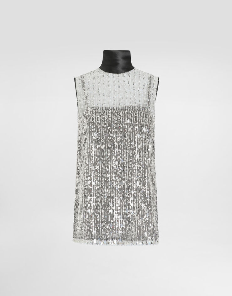 Dolce & Gabbana Tulle turtle-neck top with sequin embellishment Silver F7AL2TFLSKB