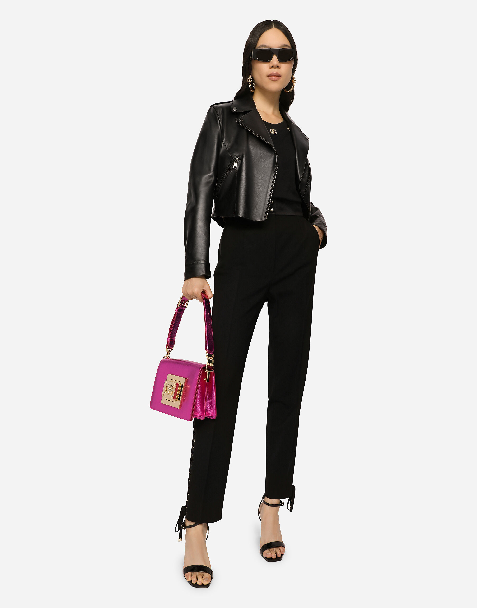 Leather biker jacket with tab details in Black for Women | Dolce&Gabbana® US