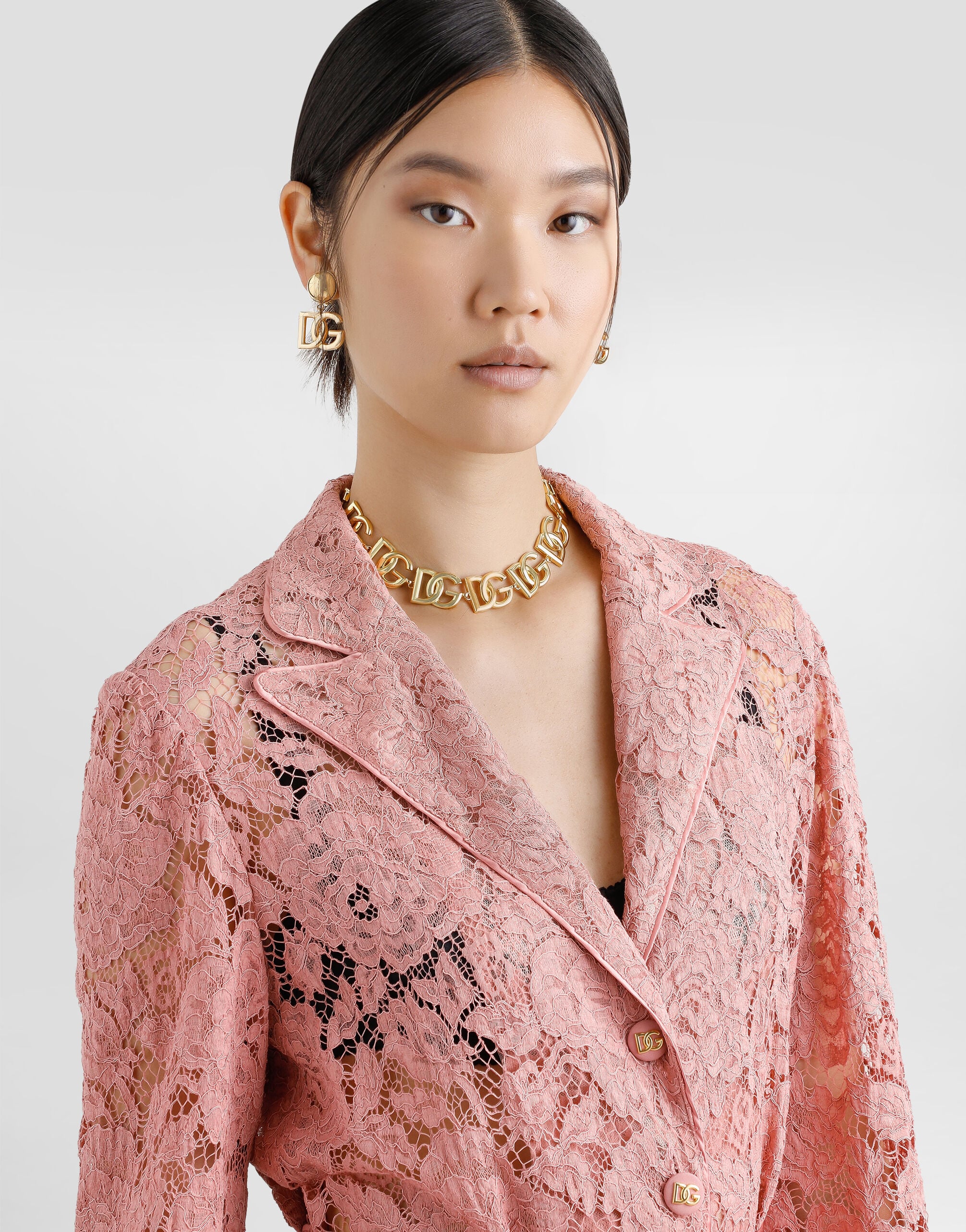 Floral cordonetto lace pajama shirt with DG logo in Pink for Women