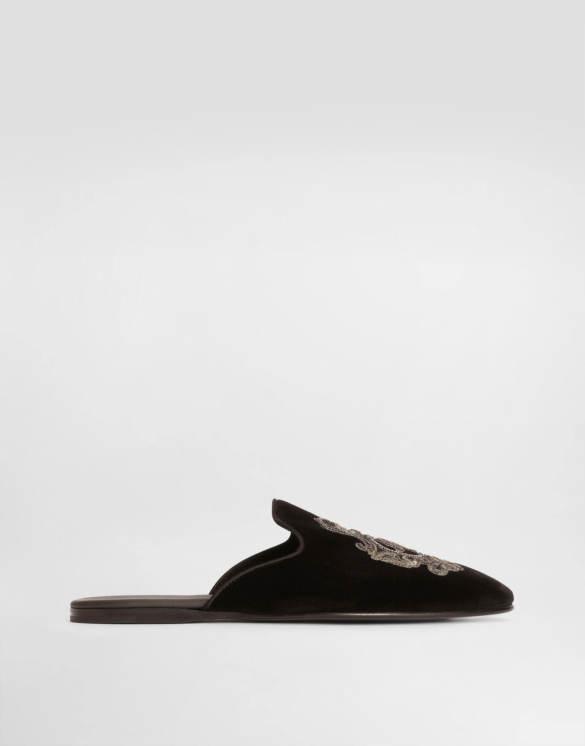 Velvet slippers with coat of arms embroidery in Black for Men