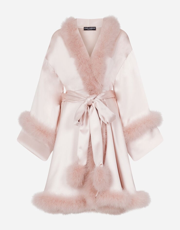 Dolce & Gabbana SHORT SILK ROBE WITH MARABOU EDGINGS PINK F0Y82ZFU1NU
