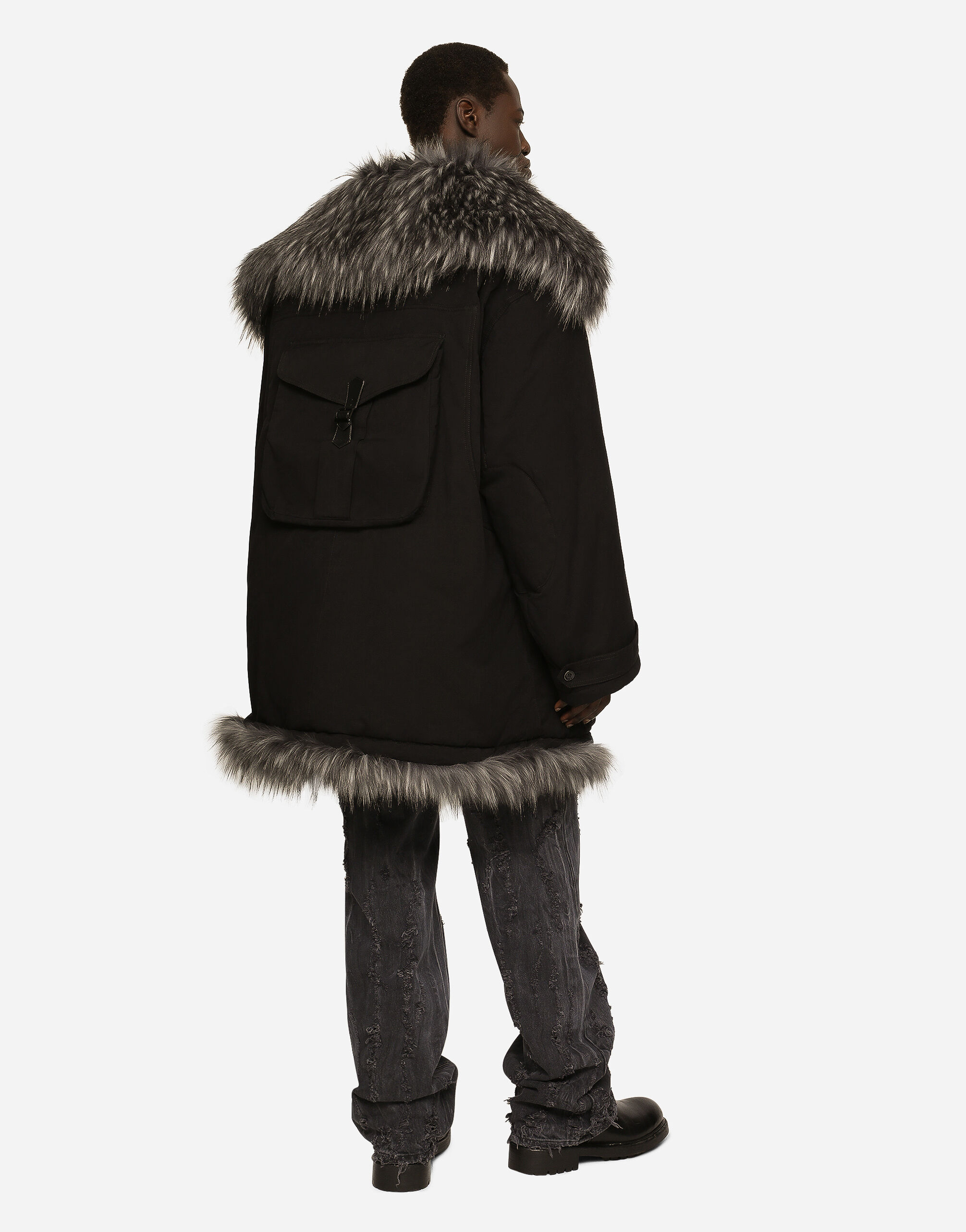 Multi pocket cotton pea coat with faux fur details in Black for