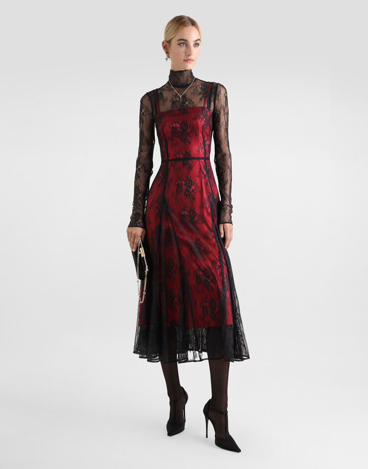 Dolce & Gabbana Lace calf-length dress with high neck and contrasting lining Black F6JORTFLREW
