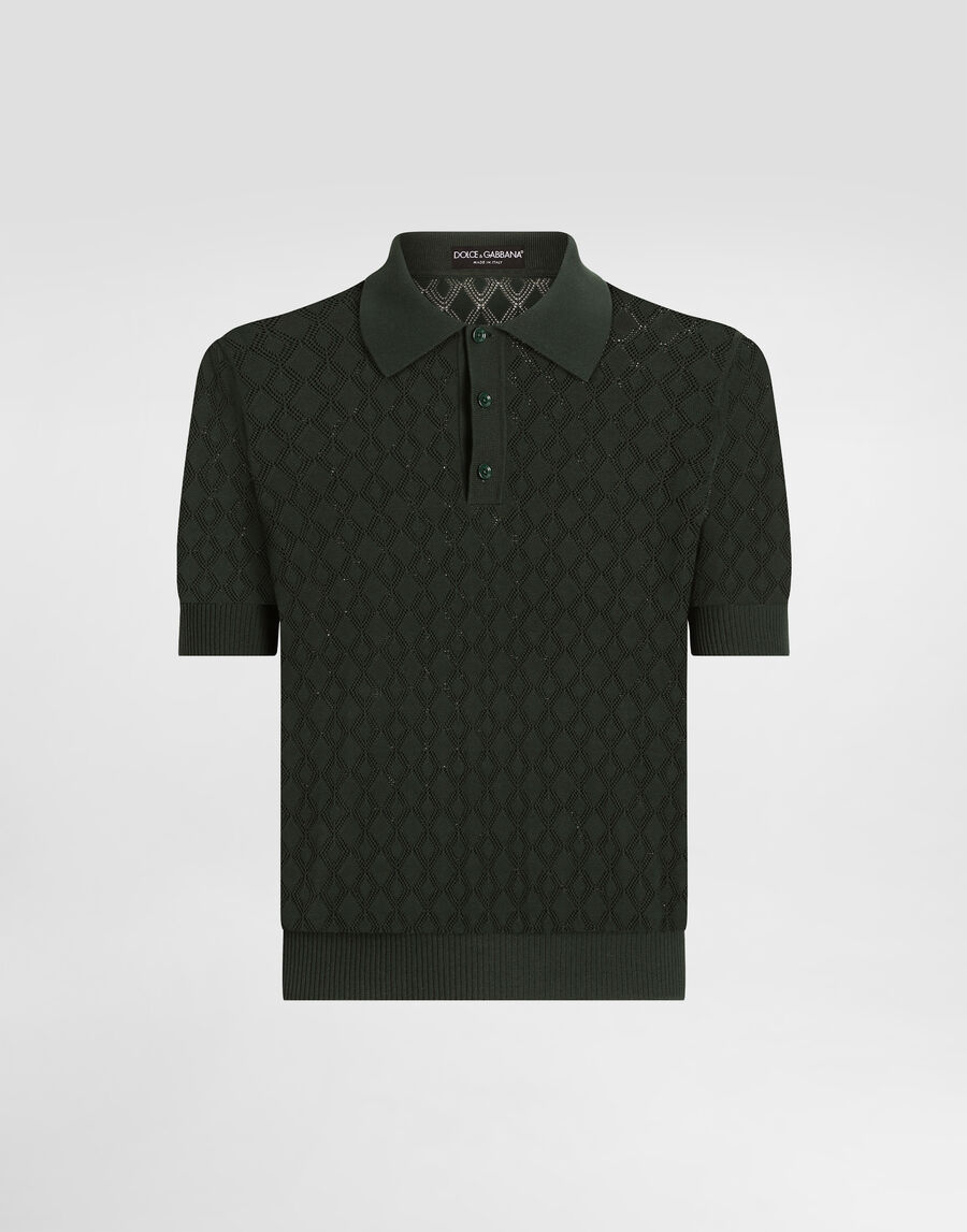 Short-sleeved cotton openwork polo-shirt