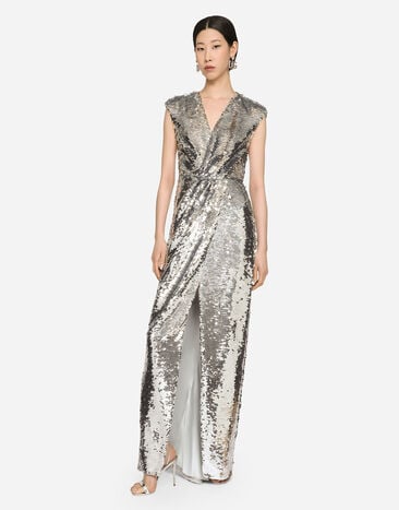 Dolce & Gabbana Long sequined dress with draping Silver F6AZITFLSF0