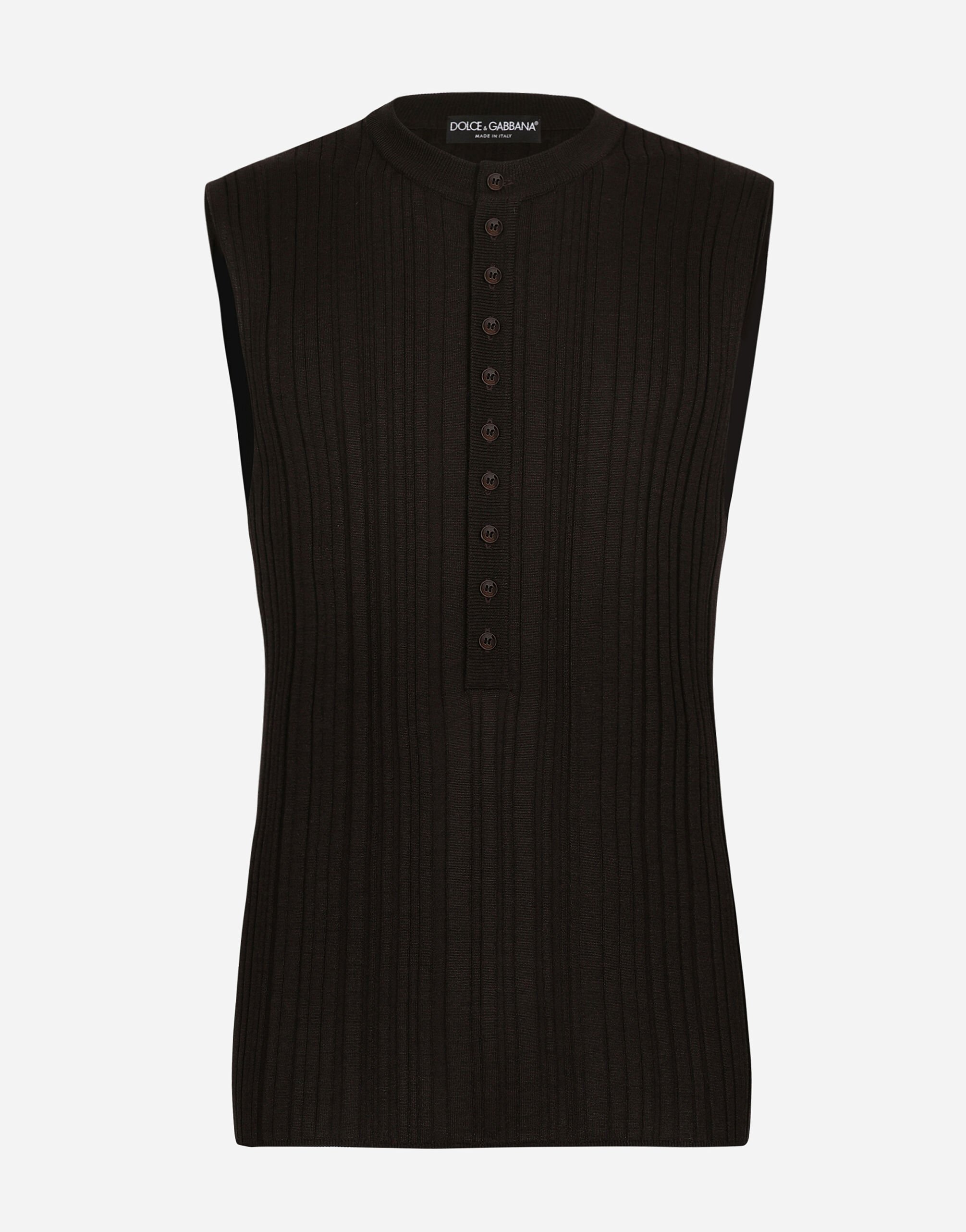 Dolce&Gabbana Sleeveless ribbed silk granddad-neck sweater Brown GXP68TJBSE2