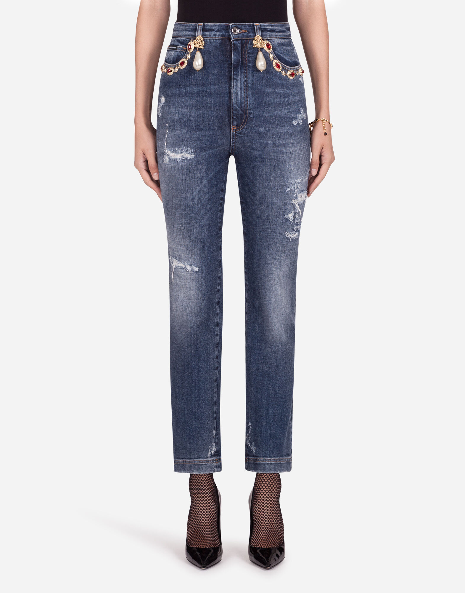 High waisted jeans with pearls and embellishments