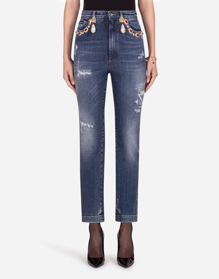 Dolce & Gabbana High-waisted jeans with pearls and embellishments BLUE FTBONZG899E