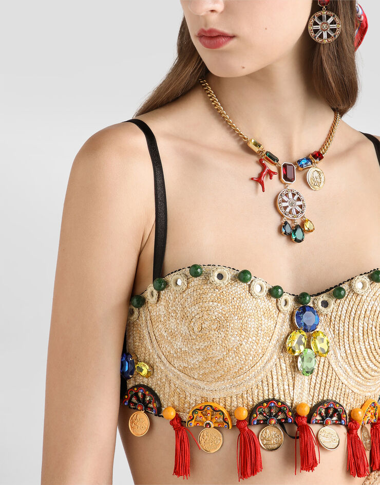 Dolce & Gabbana Raffia top with embroidery Multicolor F7BU4ZGDDVD