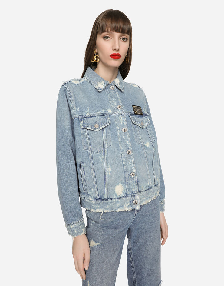 Dolce & Gabbana Blouson en denim avec plaquette à logo Multicolore F9M00DG8GJ3