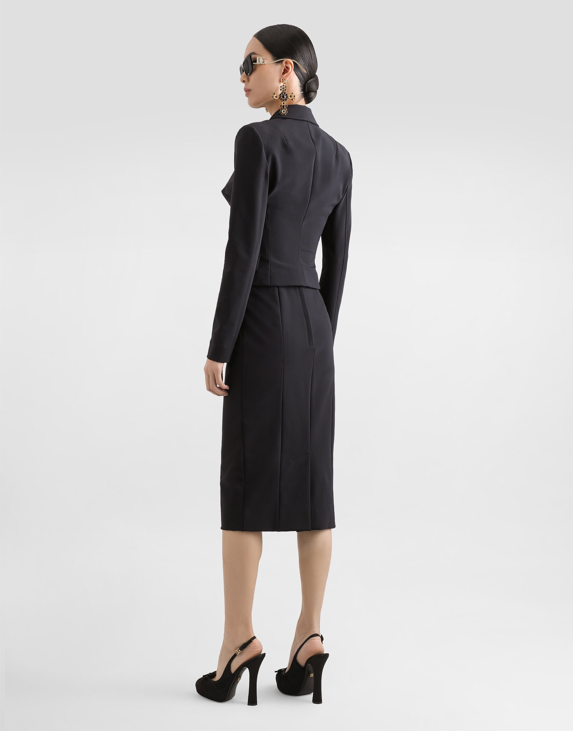 Technical cady calf-length pencil skirt in Black for Women