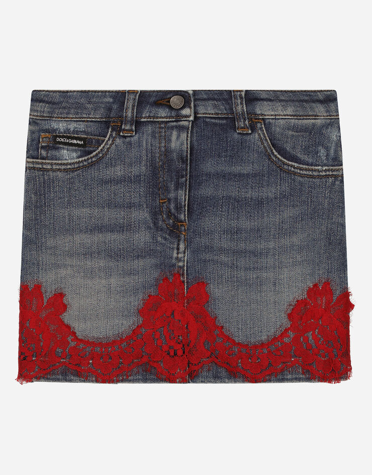 Dolce & Gabbana Kurzer Jeansrock mit Einsatz aus Spitze Mehrfarbig L54I60LDB20