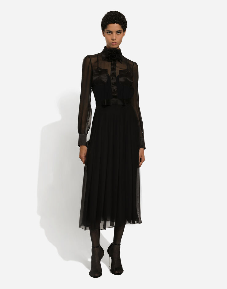 Dolce & Gabbana Chiffon calf-length shirt dress with satin details Black F6IAJTFU1AT
