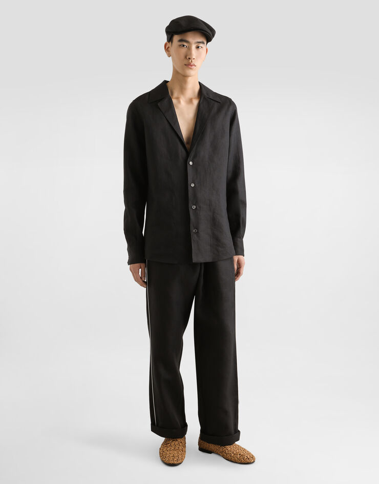 Dolce & Gabbana Long-sleeved V-neck shirt in linen fabric Black G5MX5TFU4MC