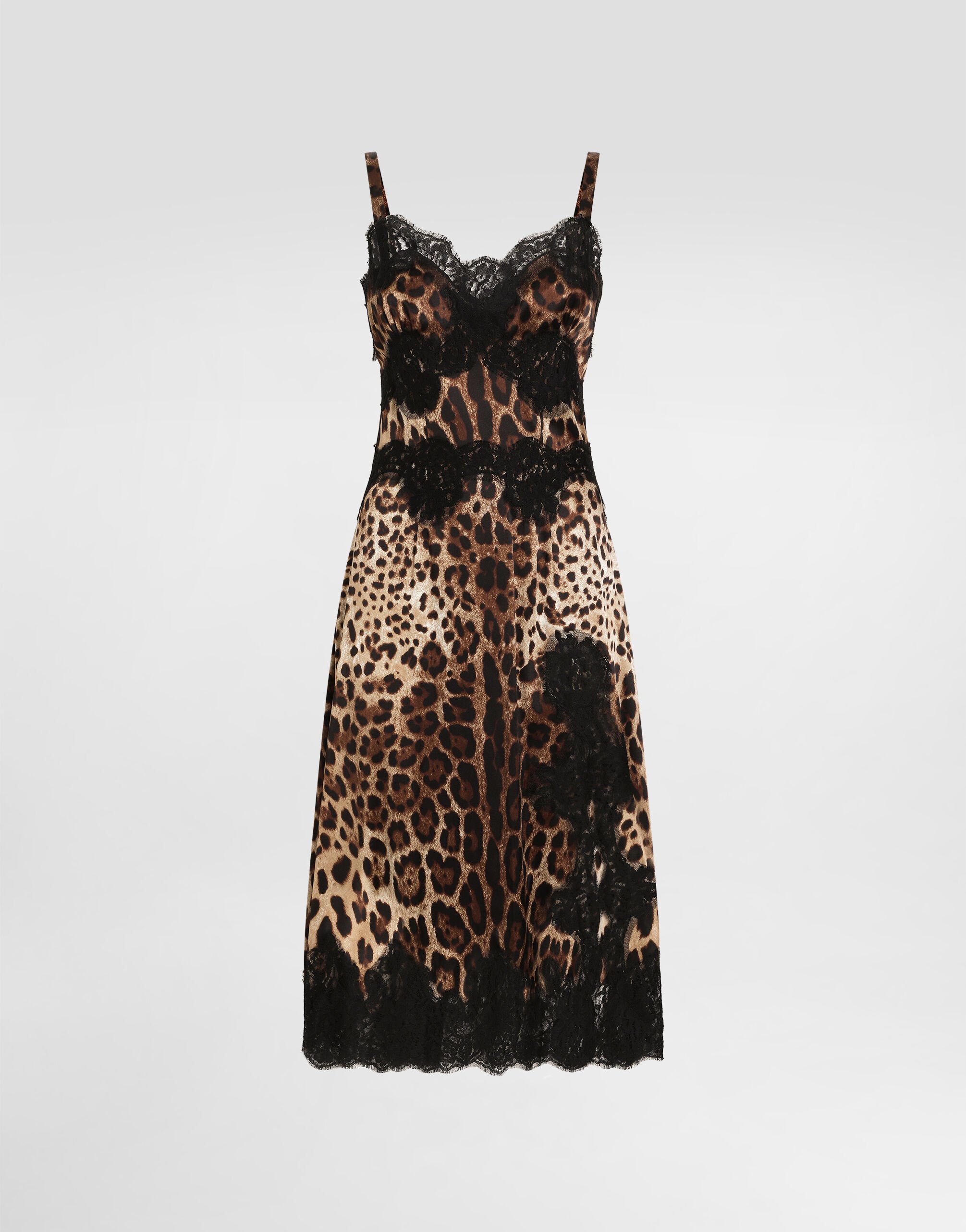 Leopard-print satin midi lingerie-style dress with lace trims in