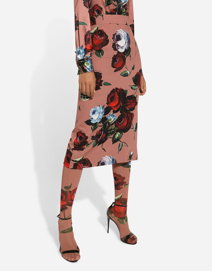 Dolce & Gabbana Charmeuse calf-length skirt with vintage rose print Print F4CS8TFSA6D