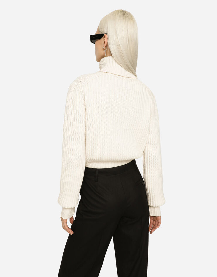 Wool fisherman's rib turtle-neck sweater with DG logo in White for