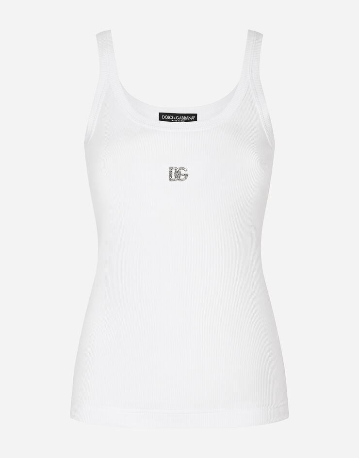 Dolce & Gabbana Camiseta sin mangas acanalada con logotipo DG crystal Blanco F8K97ZG7B6Z