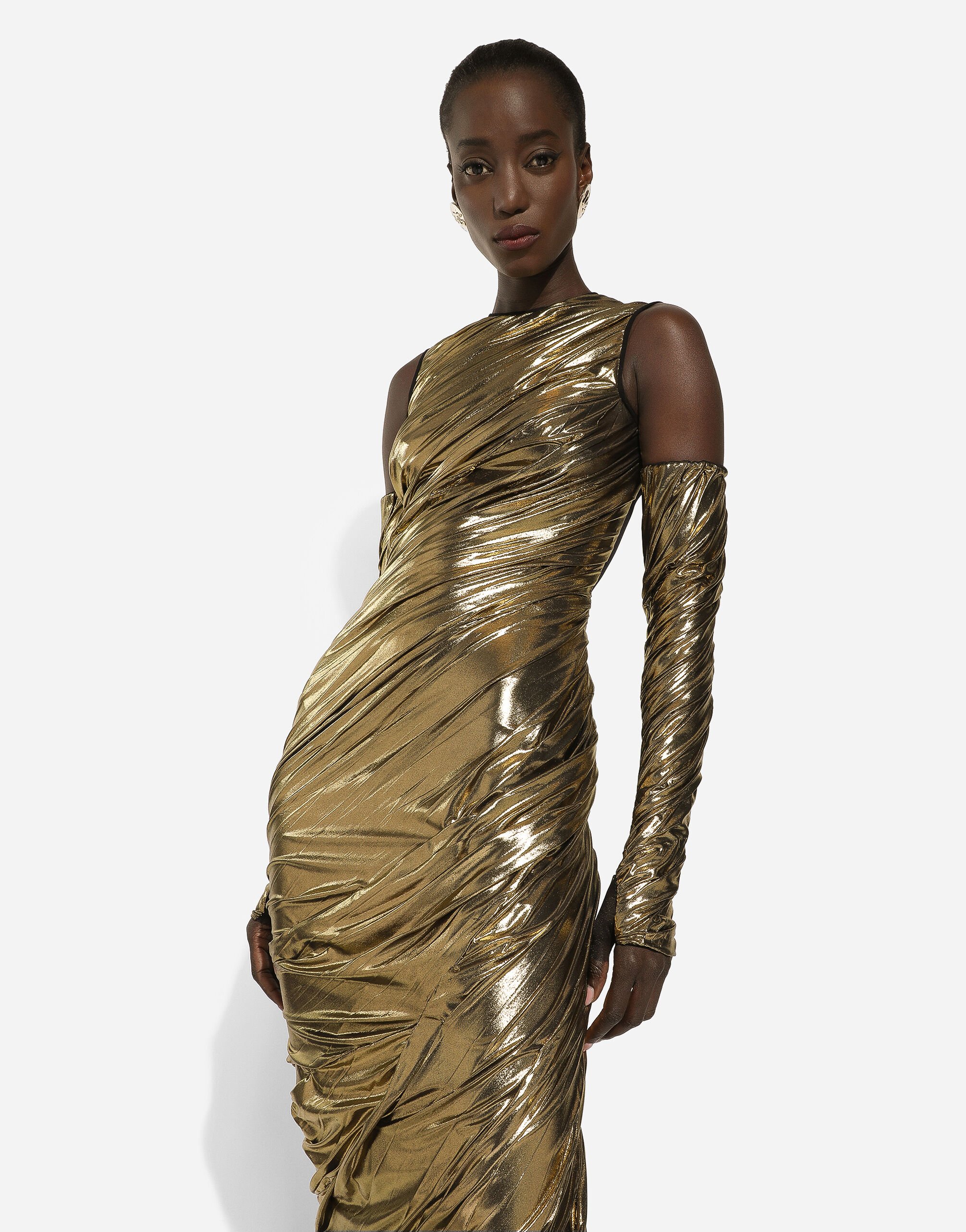 Foiled organzine calf length dress with gloves in Gold for Women Dolce Gabbana