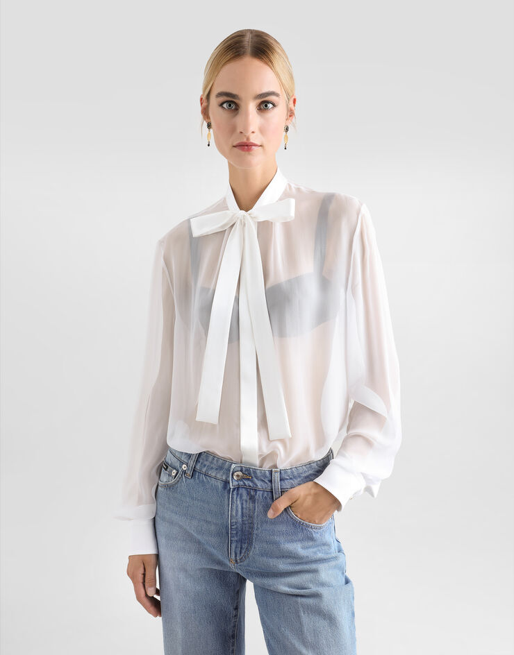Dolce & Gabbana Camisa de chifón con lazada en el cuello Blanco F5T27TFU1AT