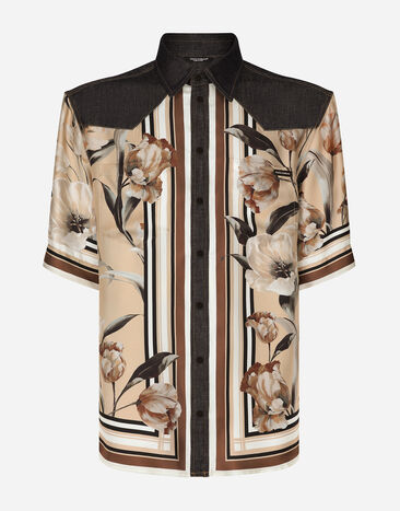 Dolce & Gabbana Silk and denim shirt with floral print Brown GXZ04TJBSG0