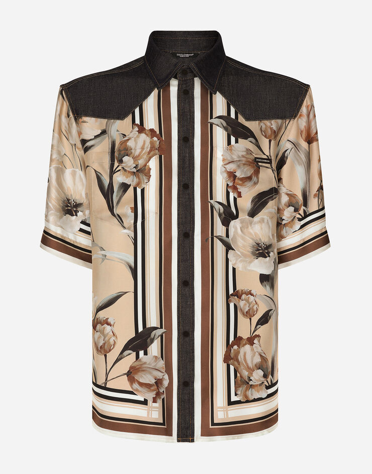 Dolce & Gabbana Рубашка из денима и шелка с цветочным принтом разноцветный G5LY0DG8LA5