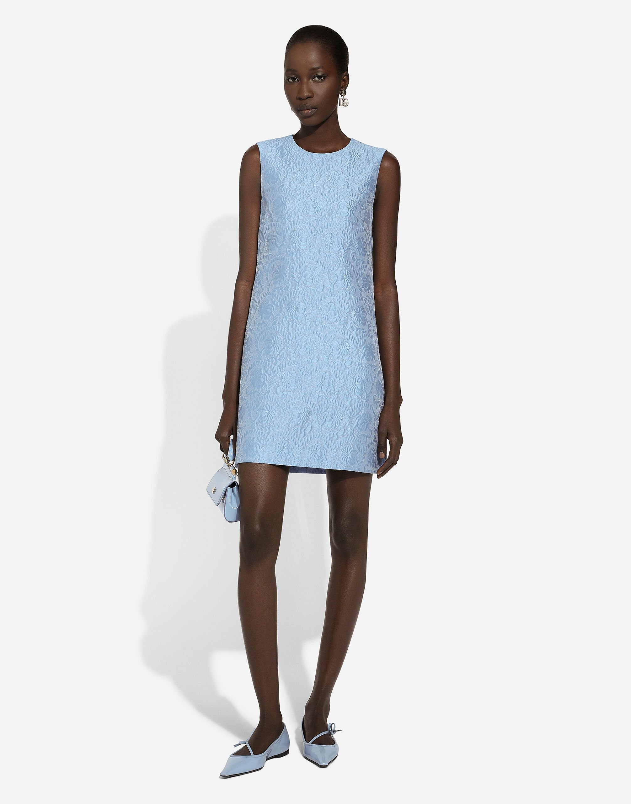 Abito corto A line in jacquard matelasse floreale in Azzurro da Donna Dolce Gabbana