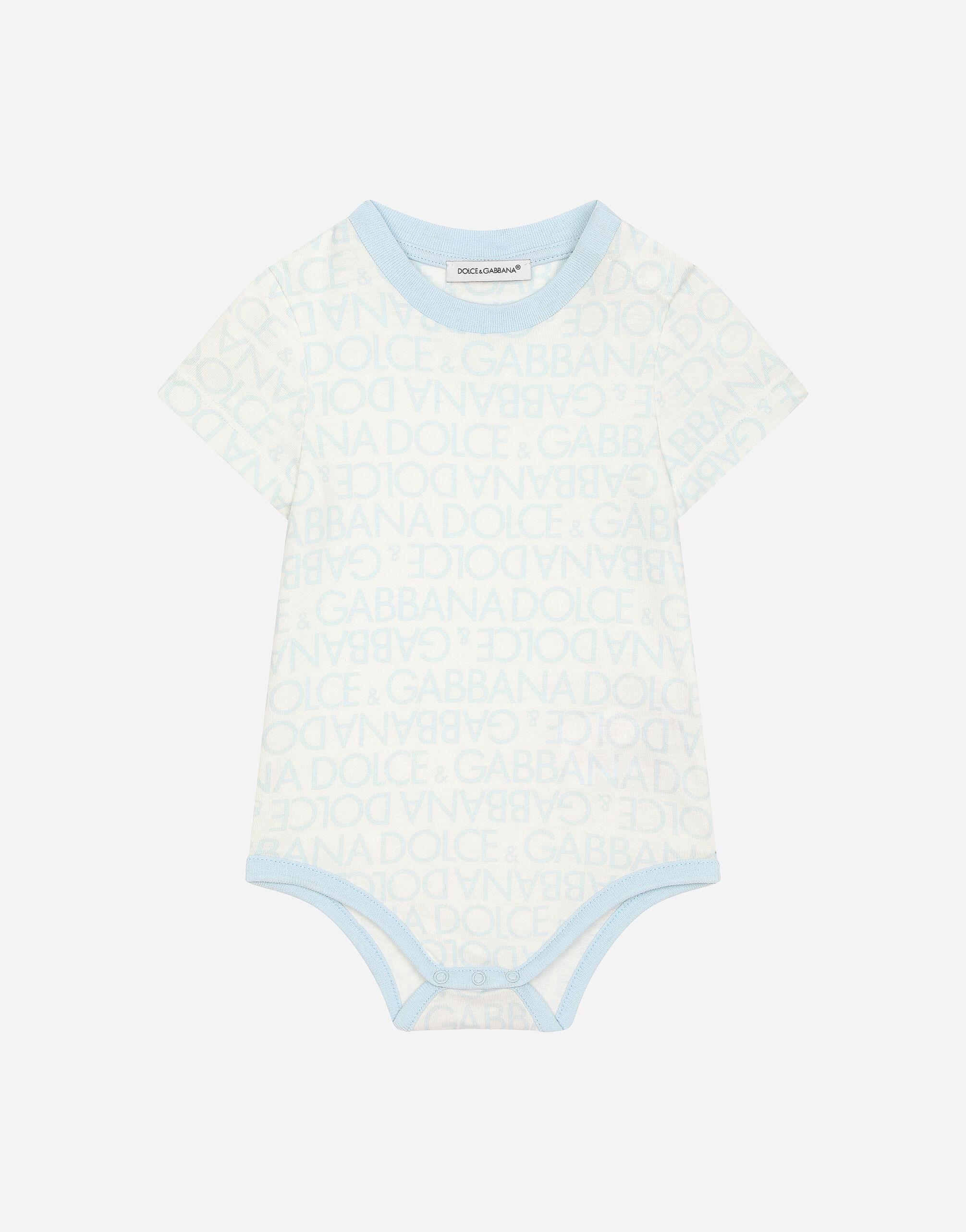 Dolce & Gabbana Jersey babygrow with all-over logo print Azul Claro L1JO6ZG7L0U