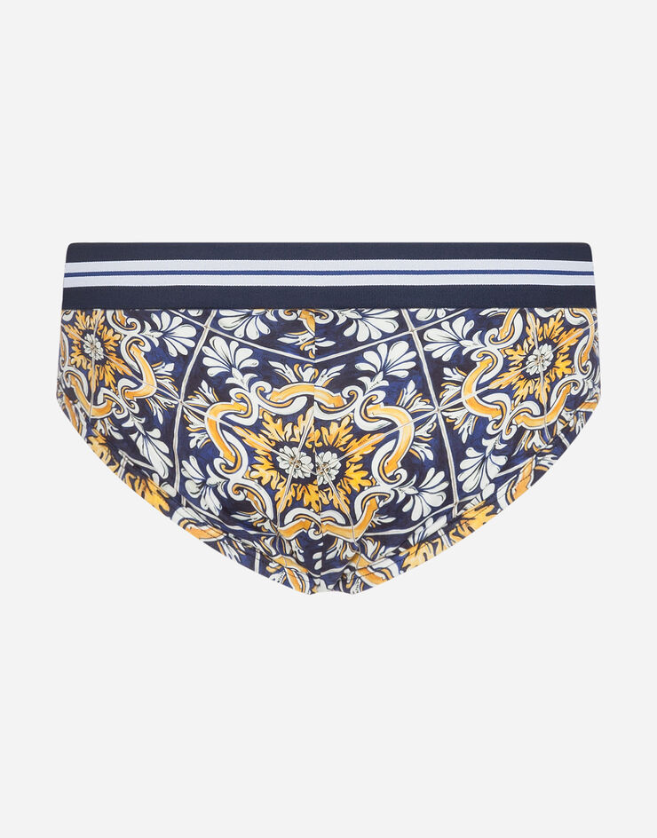 Dolce & Gabbana Cotton Brando briefs with maiolica print on a blue background STAMPA MAIOLICA M3A00JHS7BI