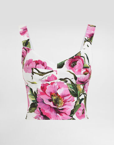 Dolce & Gabbana Cotton corset top with peony print Print F5R62TIS1Y6