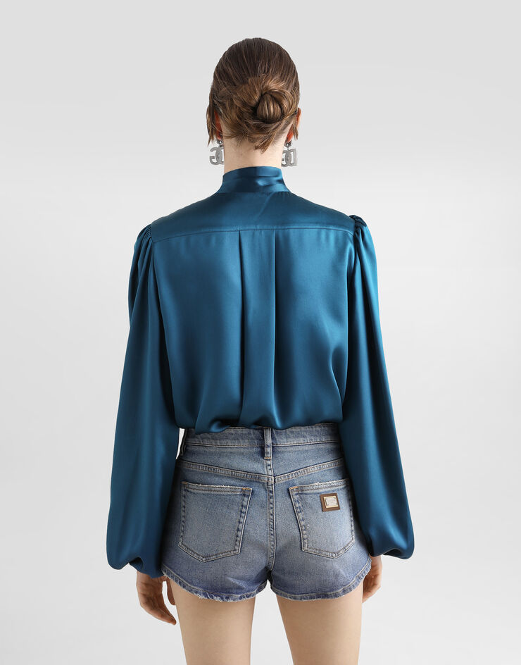Dolce & Gabbana Silk satin shirt with pussy-bow Azure F5Q44TFU1UU