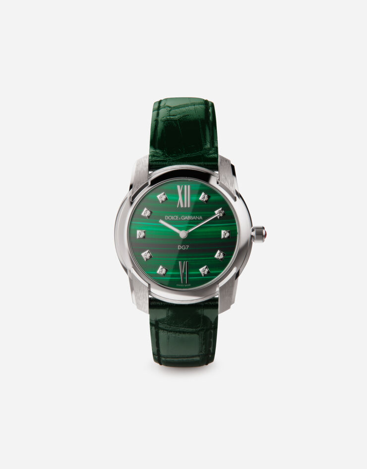 Dolce & Gabbana ساعة DG7 من الفولاذ مرصعة بالملكيت والماس أخضر WWFE2SXSFMA