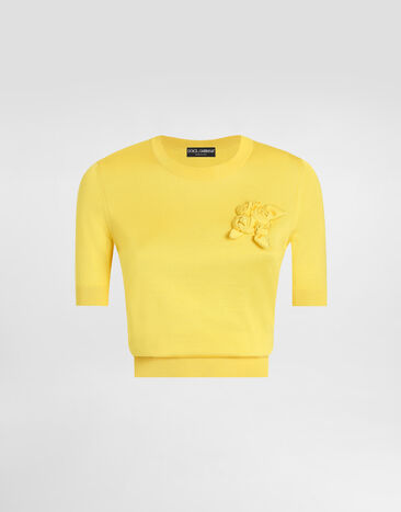 Dolce & Gabbana Short-sleeved silk sweater with flower embellishment Black FXV87TJAIRM