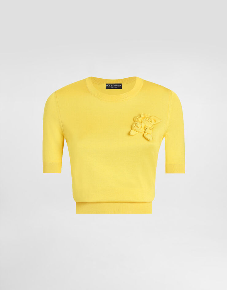 Dolce & Gabbana Short-sleeved silk sweater with flower embellishment Yellow FXX03ZJBSKY
