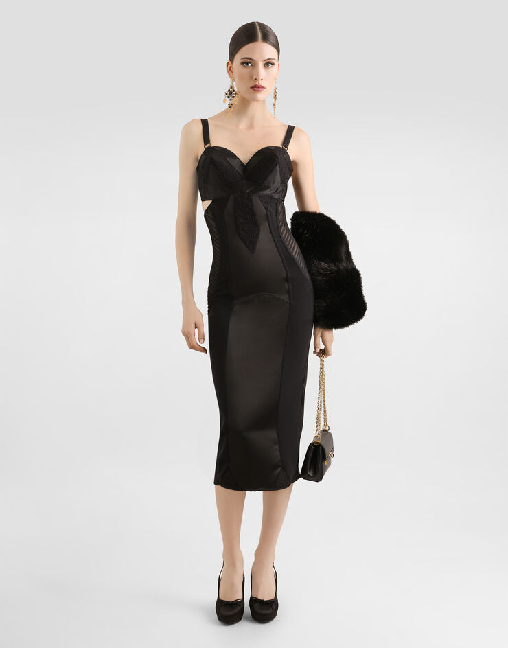 Dolce & Gabbana Vestido longuette de raso y encaje con detalles bustier Negro F6TTWTGDC4X