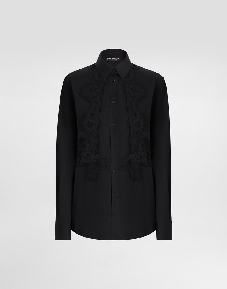 Dolce & Gabbana Bluse aus Baumwollpopeline mit Spitzeneinsatz Schwarz F5T32TGDCWP