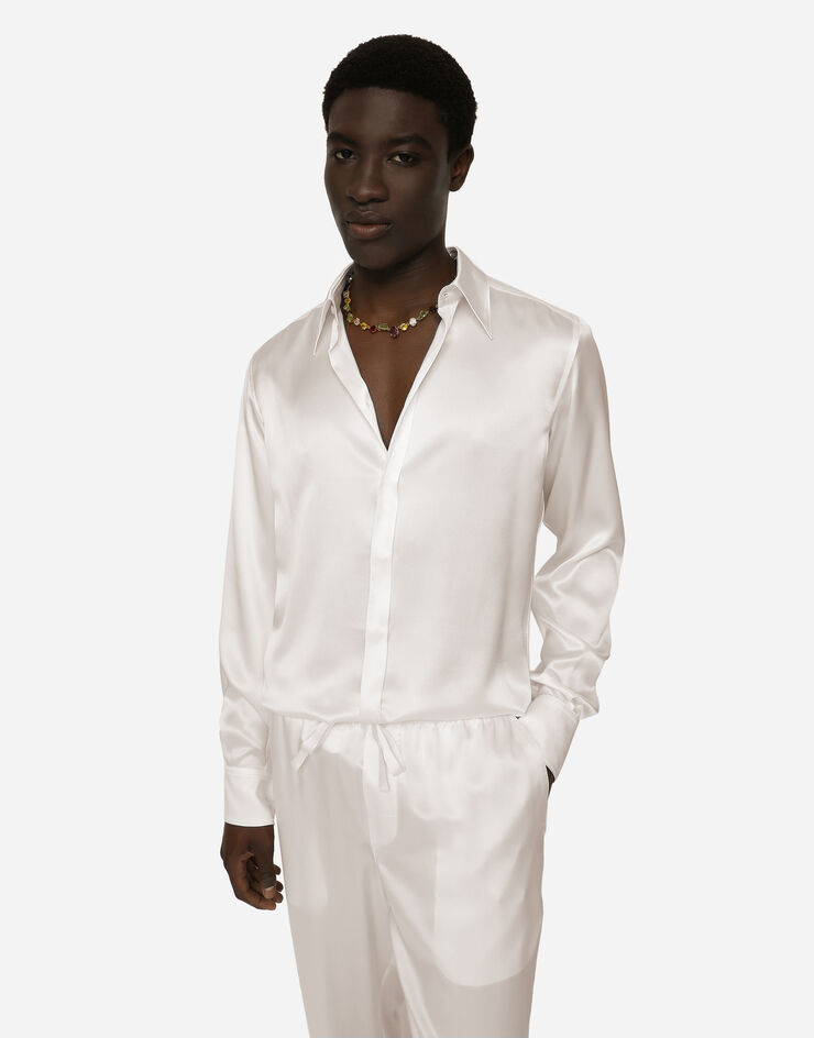 Dolce&Gabbana Silk satin Martini-fit shirt with metal DG logo White I5955MFU1AU