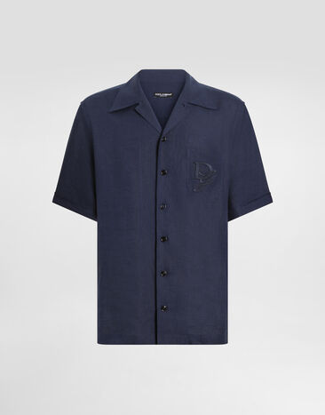 Dolce & Gabbana Chemise en lin avec logo brodé Bleu G5JH9ZFU4LG