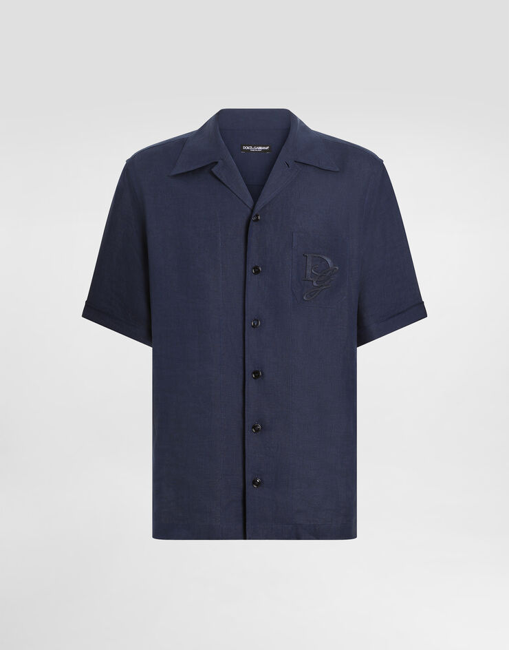 Dolce & Gabbana قميص كتان بتطريز شعار أزرق G5JH9ZFU4LG