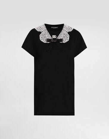 Dolce & Gabbana Jersey T-shirt with macramé collar, bow detail and DG logo Black F8V50ZGDC5S