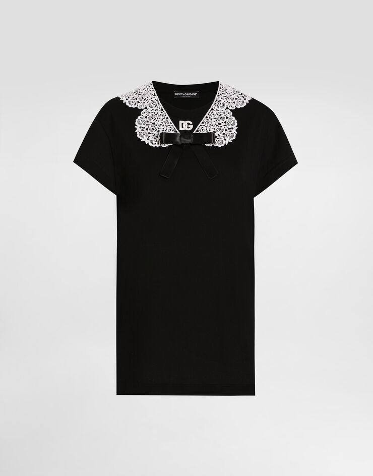 Dolce & Gabbana Camiseta de punto con sobrecuello de macramé, lazo y logotipo DG Negro F8V50ZGDC5S