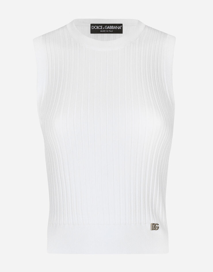 Dolce & Gabbana Ribbed stretch viscose vest top with metal DG logo pin White FXT10TJFMDH