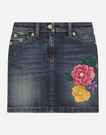 Dolce & Gabbana 5-pocket denim skirt with 3D flowers and branded tag Blue L53I42LDC82