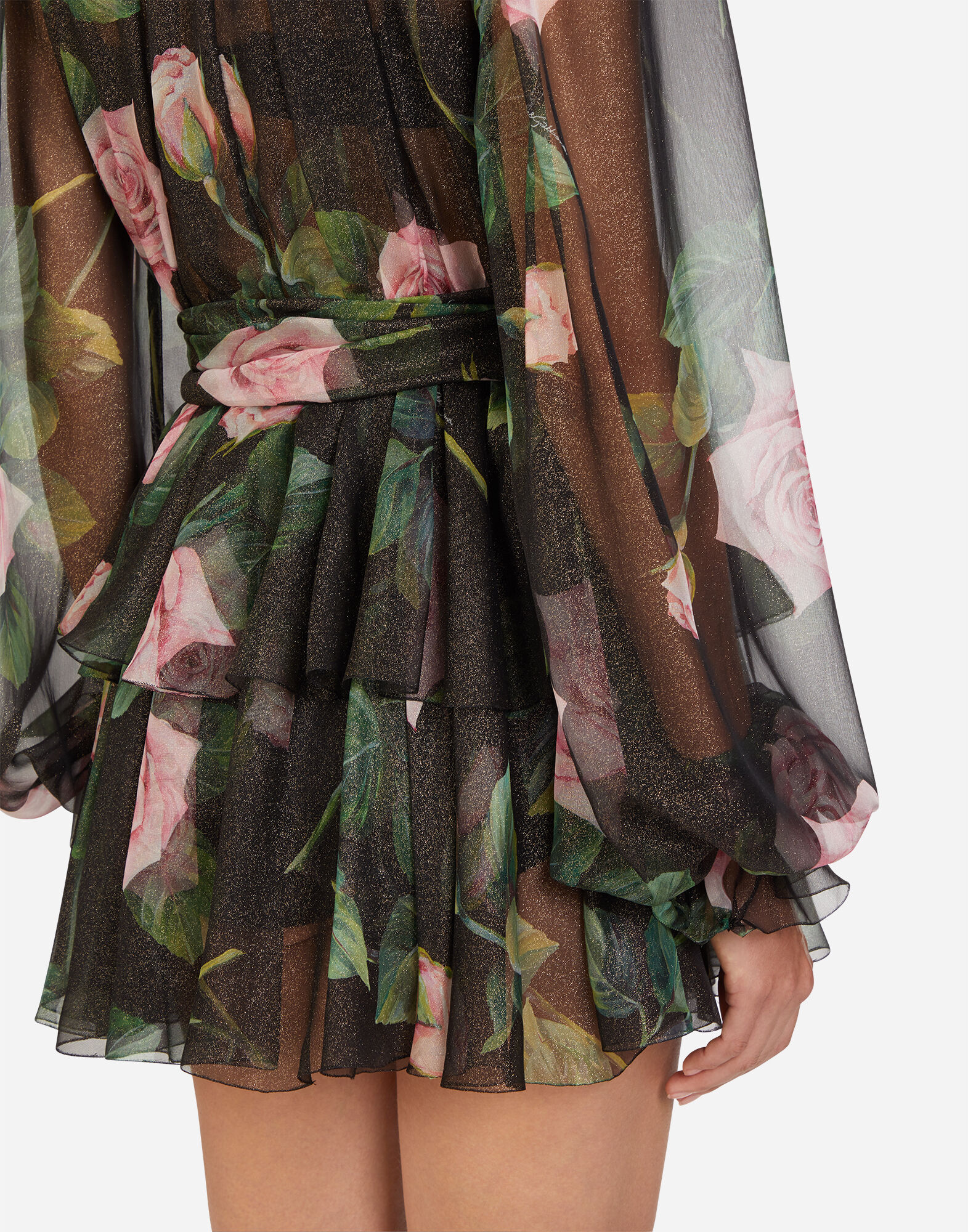 SHORT TROPICAL ROSE PRINT CHIFFON LAMÉ DRESS