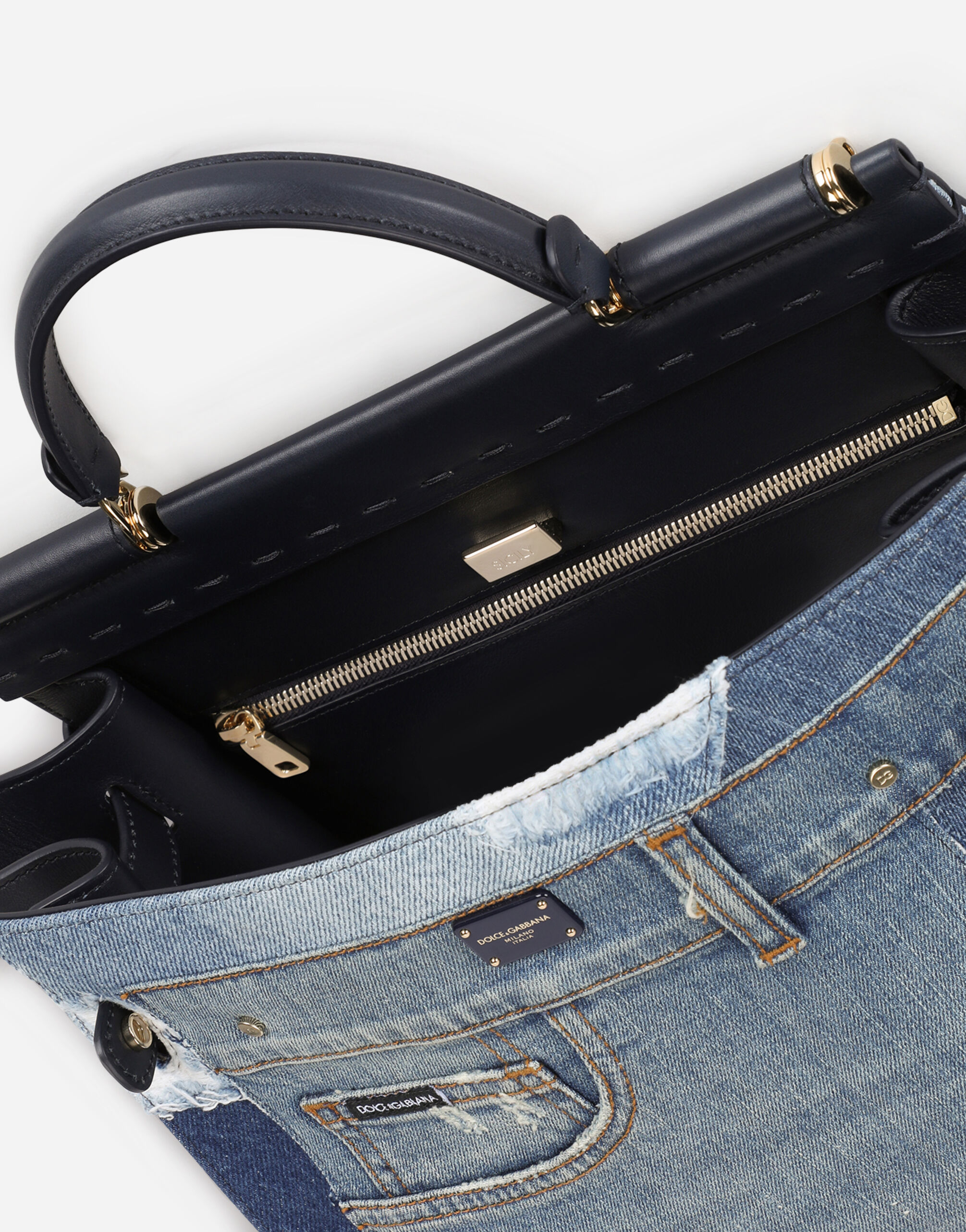 Large Sicily 62 soft bag in patchwork denim and calfskin in Denim