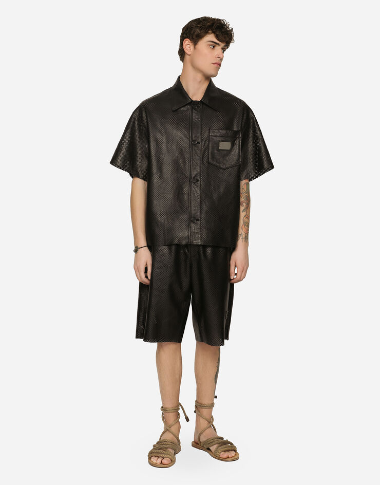 Dolce&Gabbana Openwork leather Bermuda jogging pants with brand plate Black GV6HALHULS1