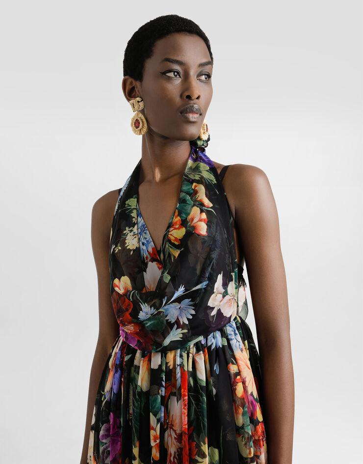 Dolce & Gabbana Langes Kleid aus Chiffon mit Blumenbouquet-Print Drucken F6ALPTIS1Y5