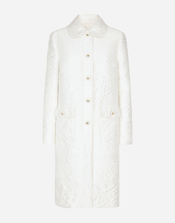 Dolce & Gabbana Пальто из парчи с фирменными пуговицами DG белый F0V9FTHJMPA